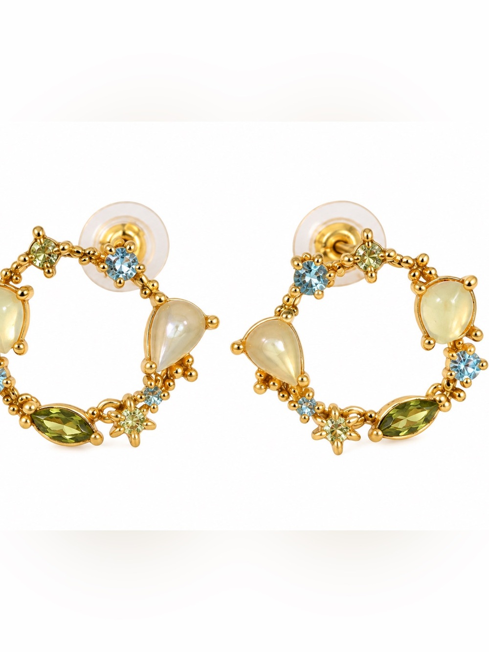 Gold Tone Green Multicolor Crystal Statement Hoop Earrings